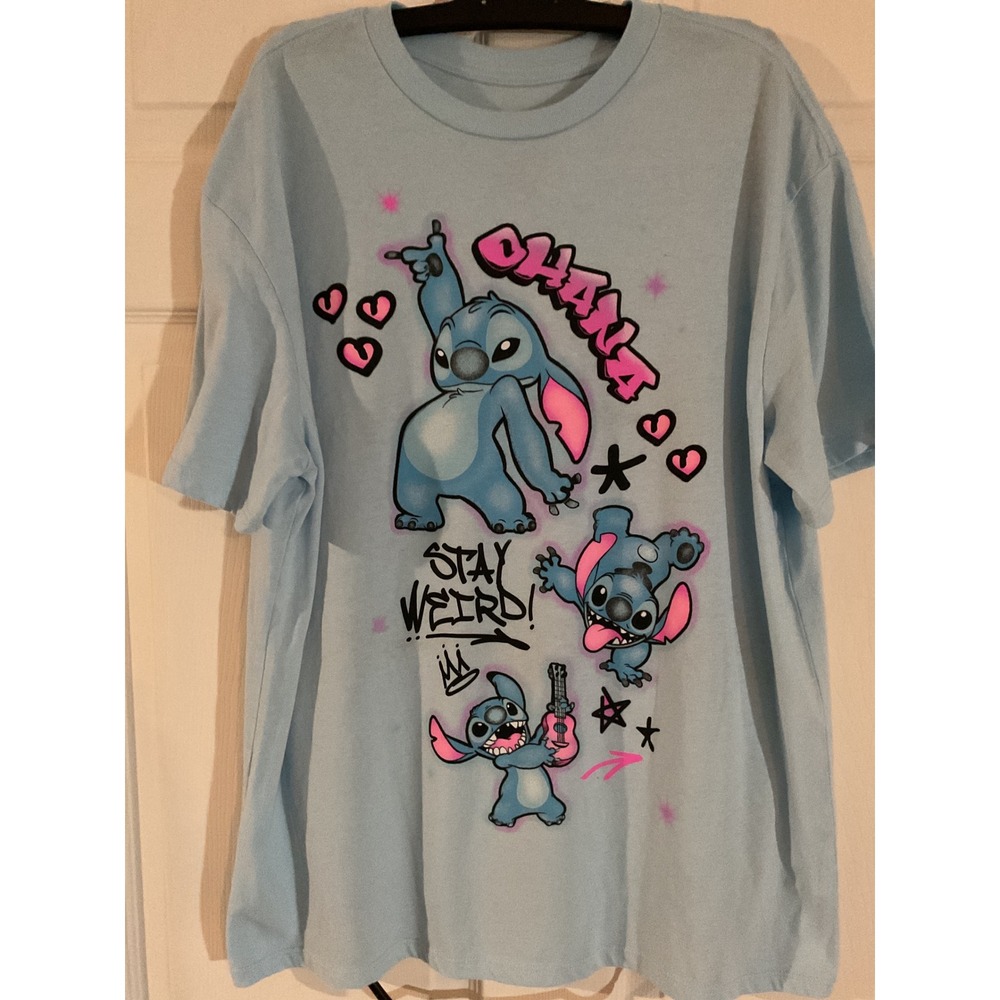 Disney Stitch Ohana Stay Weird Light Blue Graphic T-Shirt Small 4-6 Hybrid